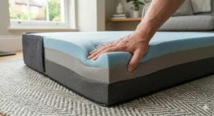 A cross-section view of high-density memory foam used in premium Great Dane beds to prevent sagging over time.
