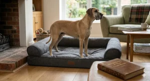 Alt text for image 3: Cross-section illustration of a memory foam jumbo dog bed showing supportive layers for heavy breeds.