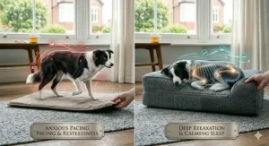 Alt text for image 8: A close-up view of the high-friction, non-slip bottom surface of a dog bed, showing it gripping a hard floor.