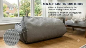 The non-slip rubberised bottom base of a washable dog bed, preventing slipping on kitchen tiles and wooden floors.