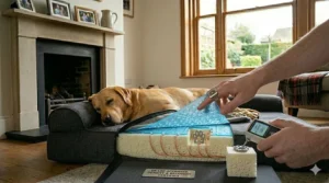 Non-slip textured bottom base of a memory foam dog bed on a wooden floor.