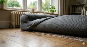 An illustration of the underside of the dog bed, showing the durable, non-slip base on a wooden floor, providing stability for senior dogs.