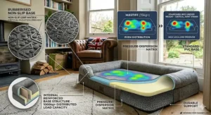 Illustration showing the rubberised non-slip base of a heavy-duty bed to prevent sliding on wooden or tiled floors.