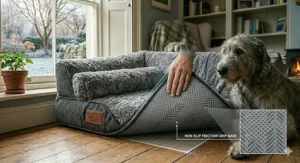 Close-up of the non-slip base on a giant breed dog bed to prevent sliding on kitchen tiles or wooden flooring.