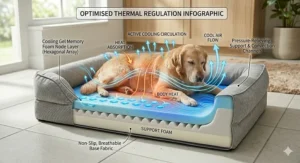 A photorealistic infographic showing a senior Labrador resting on an orthopaedic cooling memory foam dog bed, with translucent skeletal overlays and text pointers highlighting the pressure-relieving orthopaedic support provided to the senior dog's spine, hip joints, and elbows.