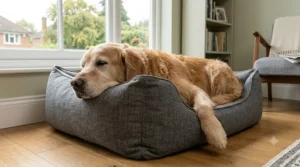 Diagram illustrating how a shredded foam dog bed provides orthopaedic joint support for senior dogs by preventing bottoming out.