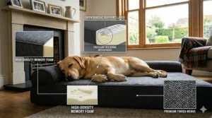 Diagram showing how high density memory foam supports a Labrador's joints and pressure points.