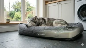 A thick orthopaedic mattress bed providing joint support for senior Huskies or dogs with hip dysplasia.