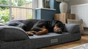 Close-up illustration of a Dobermann resting its head on a raised bolster bed with orthopaedic foam for joint support.