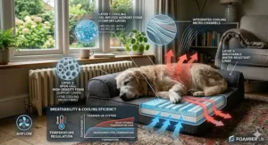 A cross-section diagram illustrating the layers of a high-density foam dog bed, comparing the support layer to the comfort memory foam layer for joint relief.
