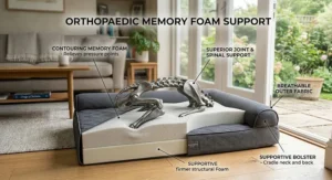 Cross-section diagram showing how the memory foam contours to a dog's joints for superior support.