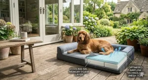 A cocker spaniel lying on a temperature regulating dog bed on a wooden patio deck in a British garden, featuring a cutaway diagram of the cooling gel memory foam and optimised airflow technology.