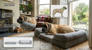 Illustration of a Bullmastiff leaning its head on a raised bolster edge for neck support.