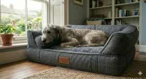 A bolster-style giant breed dog bed with cushioned edges acting as a headrest for a sleeping Irish Wolfhound.