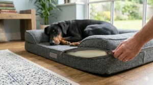 A raised outdoor cooling bed for a Dobermann, positioned on a patio in a British garden setting.