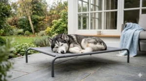 A raised mesh cooling bed designed to keep Huskies comfortable and off the floor during British summer.