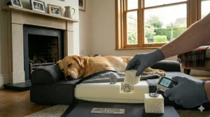 Removable waterproof inner liner and washable outer cover being unzipped from a large dog bed.
