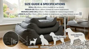 Size guide chart for a washable shredded foam dog bed, featuring breed recommendations from a Cockapoo to a Golden Retriever.