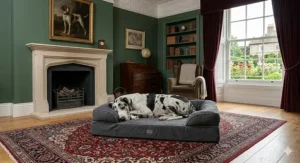 An illustration of a stylish, neutral-coloured dog bed that fits seamlessly into a classic British interior design.