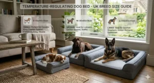 A UK breed size guide displaying a Cavalier King Charles Spaniel on a small bed, a chocolate labrador on a medium bed, and a German Shepherd on a large temperature regulating dog bed.