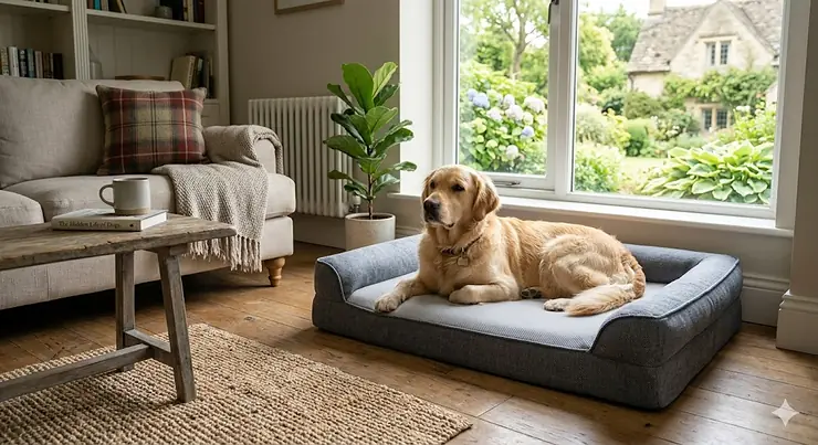 A golden retriever relaxing comfortably on a grey temperature regulating dog bed in a bright British living room with a stone cottage visible through the window. temperature regulating dog bed