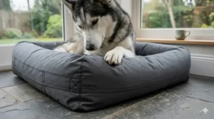 A heavy-duty, chew-resistant dog bed with reinforced seams, ideal for high-energy Siberian Huskies.