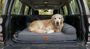 An illustration of a senior dog deeply asleep and curled up on a soft-textured, grey high-density foam bed by a fireplace, emphasizing comfort and warmth during a British winter.