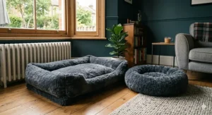 Two calming faux-fur dog beds with raised edges to help reduce pet anxiety.