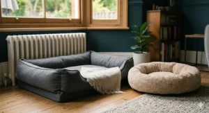 A comparison of two dog beds in different sizes for a Golden Retriever and a Jack Russell Terrier.
