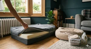 Two dog beds with removable, machine-washable covers in a neutral charcoal fabric.