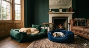 Two luxury velvet dog beds in navy and forest green, designed to complement high-end British home decor.