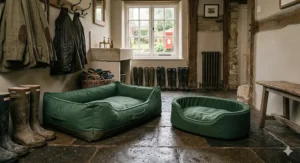 Two waterproof dog beds in a traditional British boot room, ideal for muddy paws after a walk.