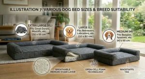 A selection of the breathable memory foam dog bed in three different sizes, catering to small, medium, and large breeds.