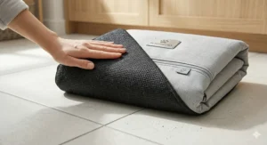 A close-up, photorealistic image of hands zipping up a neatly folded, grey fabric cover of a cooling memory foam dog bed right in front of an open, modern washing machine drum.