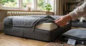 A close-up view of a hand unzipping and removing the machine-washable outer cover of a high-density foam dog bed.