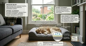 View of the non-slip waterproof base on a high density memory foam dog bed for wooden floors.