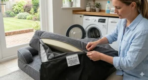 An infographic showing a removable, machine-washable cover being zipped off a large bolster bed for easy cleaning.