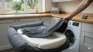 A dog bed with a partially unzipped machine-washable cover, highlighting easy maintenance for heavy-shedding Huskies.