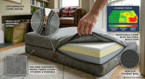 An icon-style illustration showing a removable, machine-washable cover being zipped off a large dog mattress.