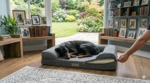 Illustration highlighting the waterproof non-slip base of a dog bed, perfect for damp paws after a rainy UK walk.