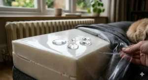 A visual size guide comparing different sizes of high-density foam beds, with illustrations of appropriate UK dog breeds for each size, such as a Labrador or a Staffordshire Bull Terrier.