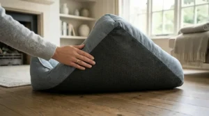 Practical anti-slip grip base on the underside of a designer linen dog bed for hard floors.