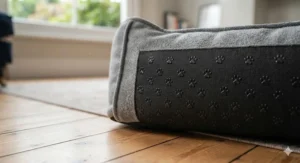 Close-up of the non-slip base on a plush microfibre dog bed.