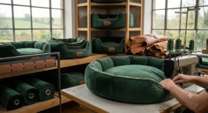 Skilled artisan hands crafting a luxury velvet dog bed in a professional workshop setting.