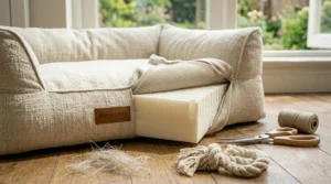 Size guide graphic displaying small, medium, and large breathable linen dog beds to accommodate various dog breeds.