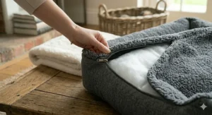 A detail view showing the zip-off construction of the high-density coral fleece dog bed.