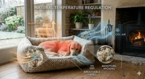 Diagram showing temperature regulation of a breathable wool dog bed for winter.