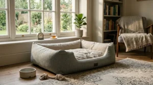 A neutral-toned linen dog bed styled in a contemporary British home setting.