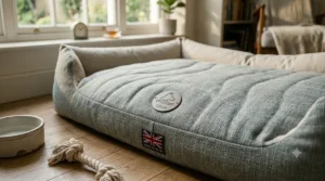 A calming, hypoallergenic linen dog bed providing a secure space for anxious pets.