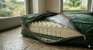 A waterproof canvas dog bed with its cover partially unzipped, showcasing the internal foam structure.
